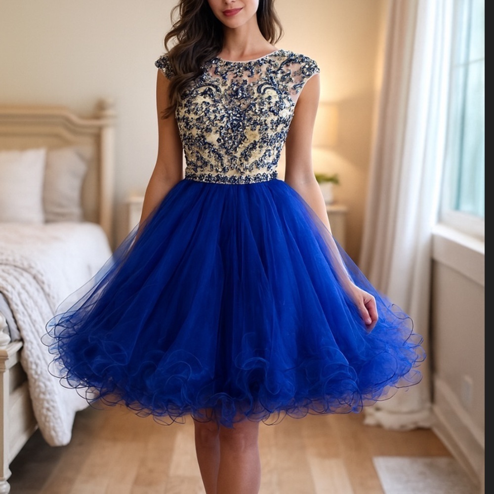 Royal Blue Beaded Fit and Flare Dress - Picture 1 of 3